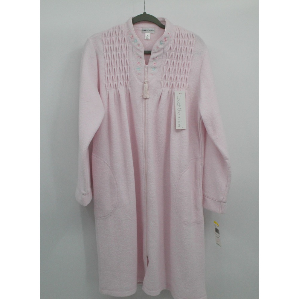 Miss Elaine Pink Fleece Zip Front Robe Smocked Floral Embroidery Tassel Sz M NWT